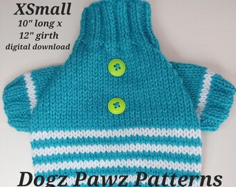 PDF KNITTING PATTERN  XSmall 10” long x 12” girth raglan sleeved dog sweater thin stripe bottom