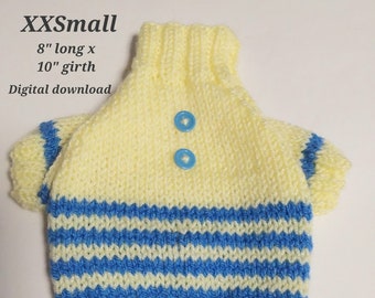 PDF KNITTING PATTERN  XXSmall 8” long x 10” girth raglan sleeved dog sweater stripe bottom