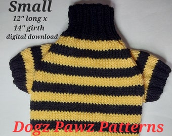 PDF KNITTING PATTERN  Small (12” long x 14” girth) raglan sleeved dog puppy sweater jumper thick stripes pattern