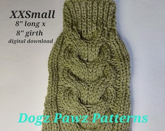 PDF KNITTING PATTERN  XXSmall (8” long x 8” girth) basic sleeveless dog puppy sweater horseshoe cable pattern