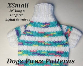 PDF KNITTING PATTERN  XSmall (10” long x 12” girth) raglan sleeved dog puppy sweater jumper thick stripe pattern