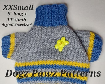 PDF KNITTING PATTERN  XXSmall 8” long x 10” girth raglan sleeved dog sweater three stripe bottom