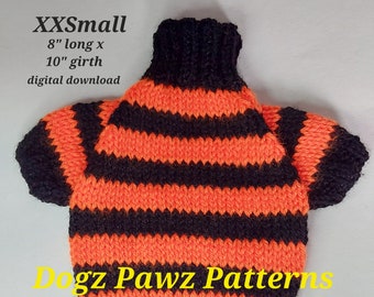 PDF KNITTING PATTERN  XXSmall (8” long x 10” girth) raglan sleeved dog puppy sweater jumper thick stripe pattern