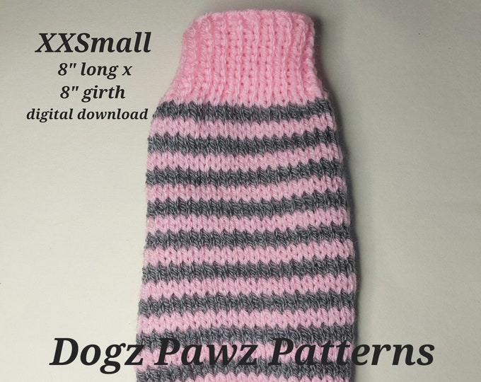 Featured listing image: PDF KNITTING PATTERN  XXSmall (8” long x 8” girth) basic sleeveless dog puppy sweater jumper stripes pattern