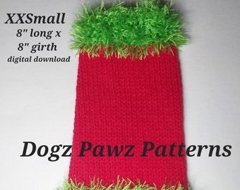 PDF KNITTING PATTERN  XXSmall (8” long x 8” girth) basic sleeveless dog puppy sweater jumper fluffy edges pattern