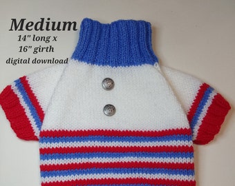 PDF KNITTING PATTERN  Medium (14” long x 16” girth) raglan sleeved dog puppy sweater jumper 3 stripe bottom pattern