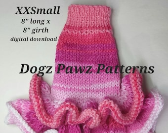 PDF KNITTING PATTERN  XXSmall (8” long x 8” girth) basic sleeveless dog puppy sweater jumper ruffles pattern