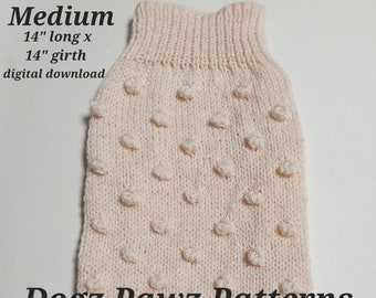 PDF KNITTING PATTERN  Medium (14” long x 14” girth) basic sleeveless dog puppy sweater jumper bobbles pattern
