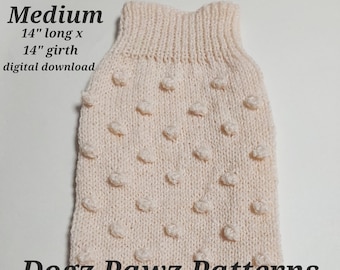 PDF KNITTING PATTERN  Medium (14” long x 14” girth) basic sleeveless dog puppy sweater jumper bobbles pattern