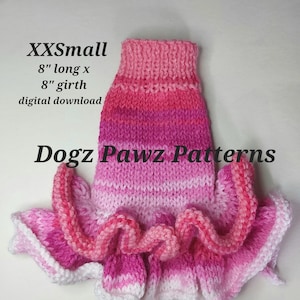 PDF KNITTING PATTERN  XXSmall (8” long x 8” girth) basic sleeveless dog puppy sweater jumper ruffles pattern