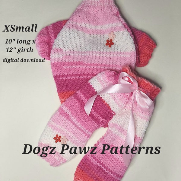 PDF KNITTING PATTERN  XSmall (10” long x 12” girth) raglan sleeved dog puppy sweater jumper trousers tracksuit pattern