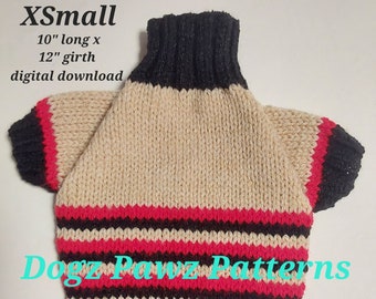 PDF KNITTING PATTERN  XSmall (10” long x 12” girth) raglan sleeved dog puppy sweater jumper 3 stripe bottom pattern