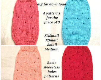 PDF KNITTING PATTERNS 4 for 3 basic sleeveless dog puppy sweater jumper holes patterns