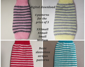 PDF KNITTING PATTERNS 4 for 3 basic sleeveless dog puppy sweater jumper stripes patterns