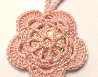 Hand crochet lucky penny flower good luck charm wedding christening party favour