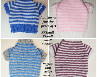 PDF KNITTING PATTERNS 4 for 3 raglan sleeved dog puppy sweater jumper thin stripe patterns