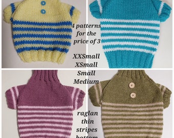 PDF KNITTING PATTERNS 4 for 3 raglan sleeved dog puppy sweater jumper stripe bottom patterns