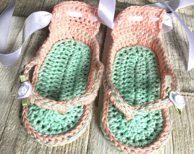 Featured listing image: Crochet cotton 3-6 months baby flip flops (sole 4” long)