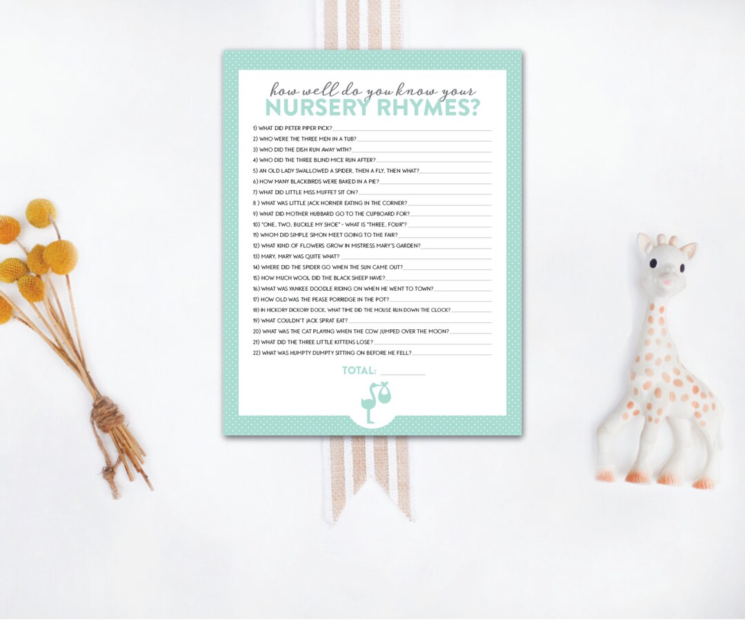 INSTANT DOWNLOAD Printable Baby Shower Game / Nursery Rhyme Quiz / Nursery Rhyme Printable ...