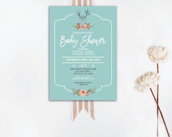 INSTANT DOWNLOAD baby shower invitation / rustic baby shower / floral antlers invitation / tribal baby shower invite / diy shower invite