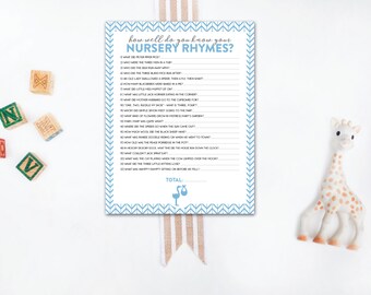 INSTANT DOWNLOAD nursery rhyme baby shower game / nursery rhyme quiz / baby shower game / chevron baby shower game / blue baby shower