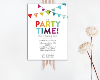 INSTANT DOWNLOAD birthday invitation / bunting invitation / rainbow birthday / rainbow bunting / rainbow party invite / DIY invite