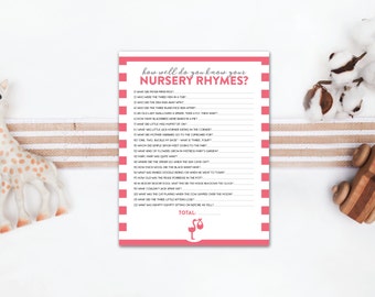 INSTANT DOWNLOAD nursery rhyme baby shower game  / nursery rhyme quiz / striped baby shower game