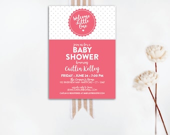INSTANT DOWNLOAD baby shower invite / welcome little one invite / baby boy shower / pink baby shower / girl baby shower / polka dot invite