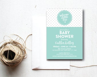 INSTANT DOWNLOAD baby shower invite / welcome little one invite / baby boy shower / mint baby shower / boy baby shower / polka dot invite