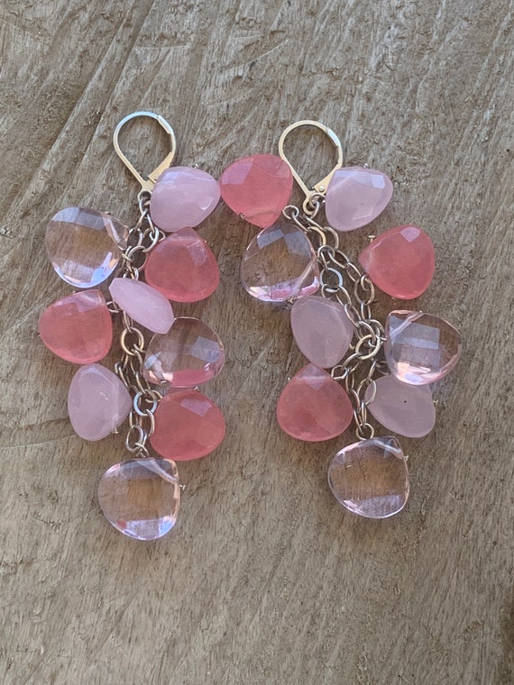 LARGE Pink Quartz multicolored drop earrings. Ste… - image 2