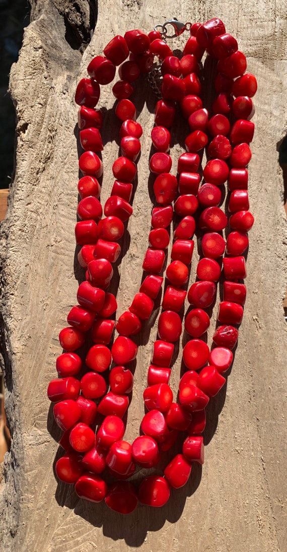 STUNNING Red Coral 3-Strand Chunky Necklace! Free-