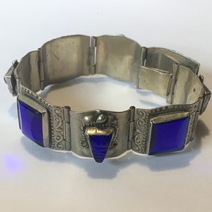 Vintage from 50&#39;s, Alpaca Mayan Style Bracelet with regal/navy blue Glass cabochons! Mayan face WILDE panel bracelet! Mexican deity!