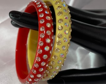 Vintage red and yellow rhinestone bangle! Lucite bangle aurora borealis & clear rhinestones! Birthday gift! Christmas/valentine gift! Small!