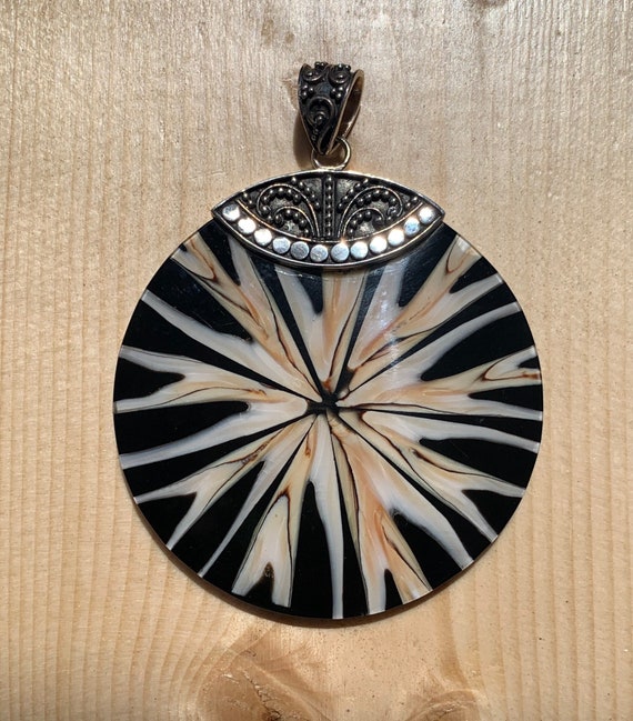 Exotic Round LARGE Shell Pendant with Sterling Si… - image 2