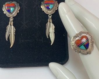 Vintage signed Q.T Native American, set, earrings and ring! Heart ring inlay Turquoise, lapis lazuli, sugilite, red oyster shell, red coral!