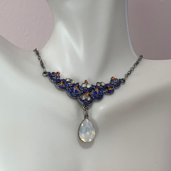 RARE vintage Anne Koplik signed Victorian Art Nouveau inspired silver tone floral design crystal choker/collar necklace!