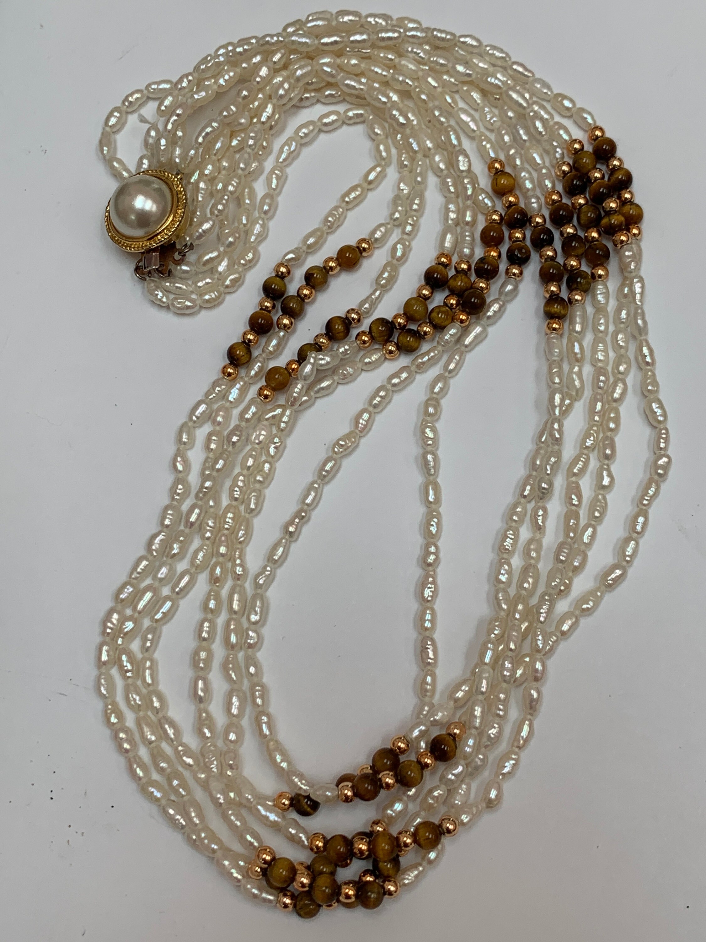 Vintage Multi-strand Natural Rice Pearls, Tiger Eye Natural Stone With ...