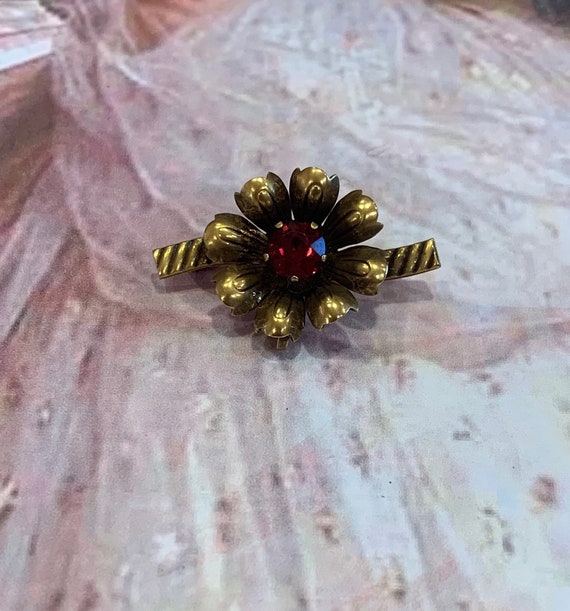 Van Dell 12k gold filled vintage ruby red flower … - image 1