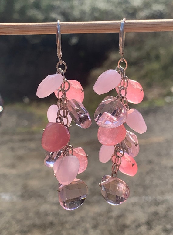 LARGE Pink Quartz multicolored drop earrings. Ste… - image 3