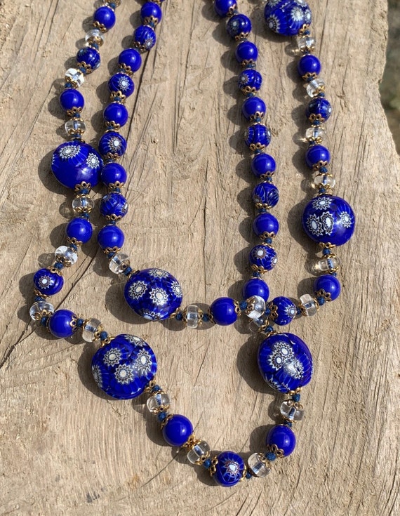 Collier Vintage Perles De Verre Bleu - Bijou Ancien Occasion Bon état