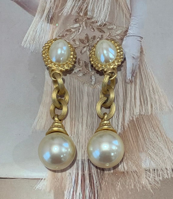 Blanca signed large faux pearls dangle earrings! … - image 1