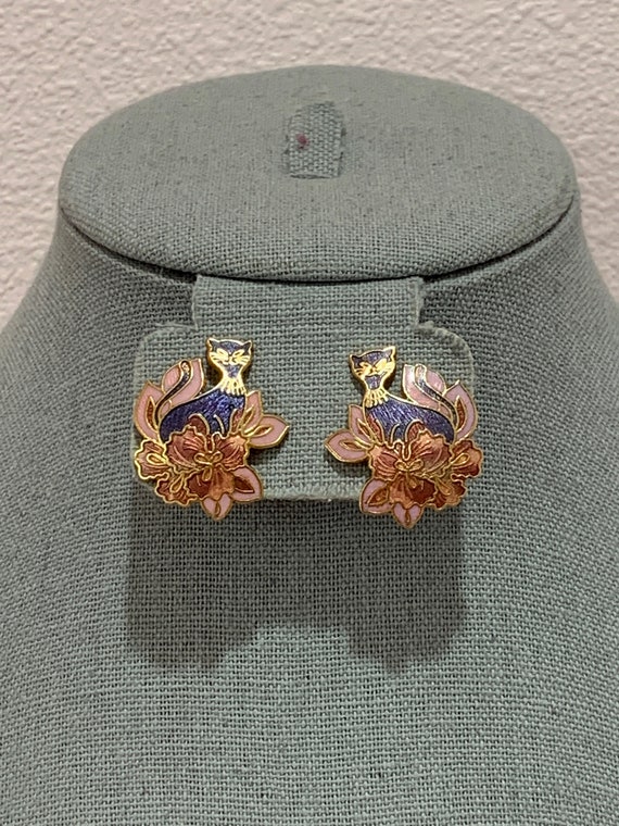 Vintage Cloisonne earrings, CAT and floral earrin… - image 2