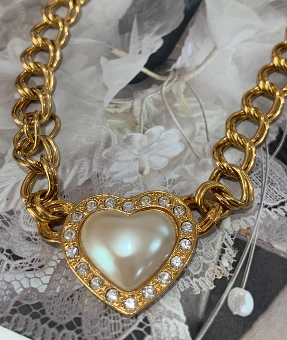 Vintage AVON signed faux pearl puffy heart and rh… - image 1