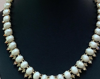 Vintage  CORO from 1950's,signed silver tone with faux pearls and AB rhinestones choker/necklace! Vintage jewelry! Collar/Bib necklace!