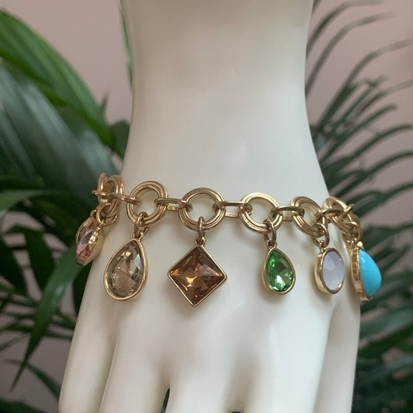 Vintage GV9 (gold vermeil/plated) charm bracelet, multi color crystals/rhinestones and faux turquoise gold plated bracelet!