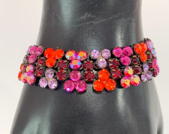 Sorelli signed, retired vivid red/pink/lilac/orange crystal stunning bracelet! Designer jewelry! Swarovski Crystals! Tennis bracelet!