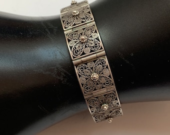 Vintage 800 Marked, Solid Silver Filigree Panel Bracelet