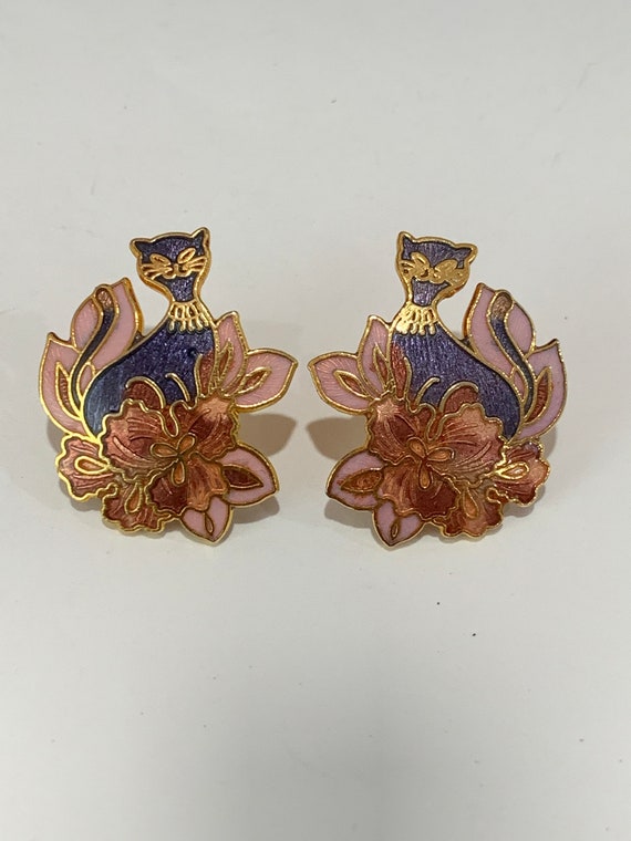 Vintage Cloisonne earrings, CAT and floral earrin… - image 3