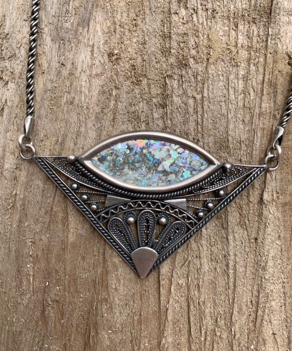 Sterling Silver Filigree Roman Glass Necklace! Vi… - image 2