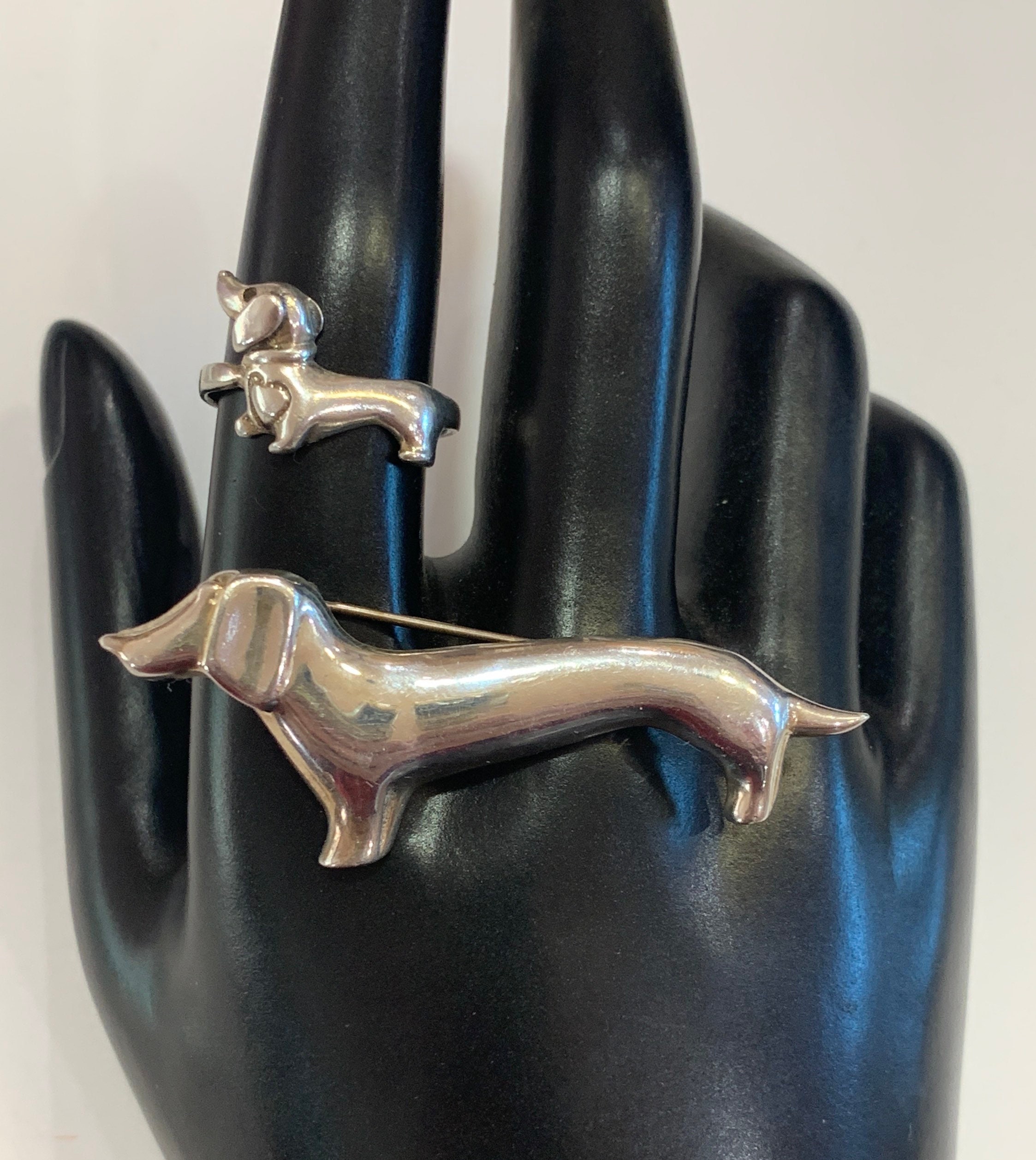 Set of Vintage Mexico signed .925 Taxco sterling silver Dachshund dog brooch & Dachshund dog Ring unsigned!